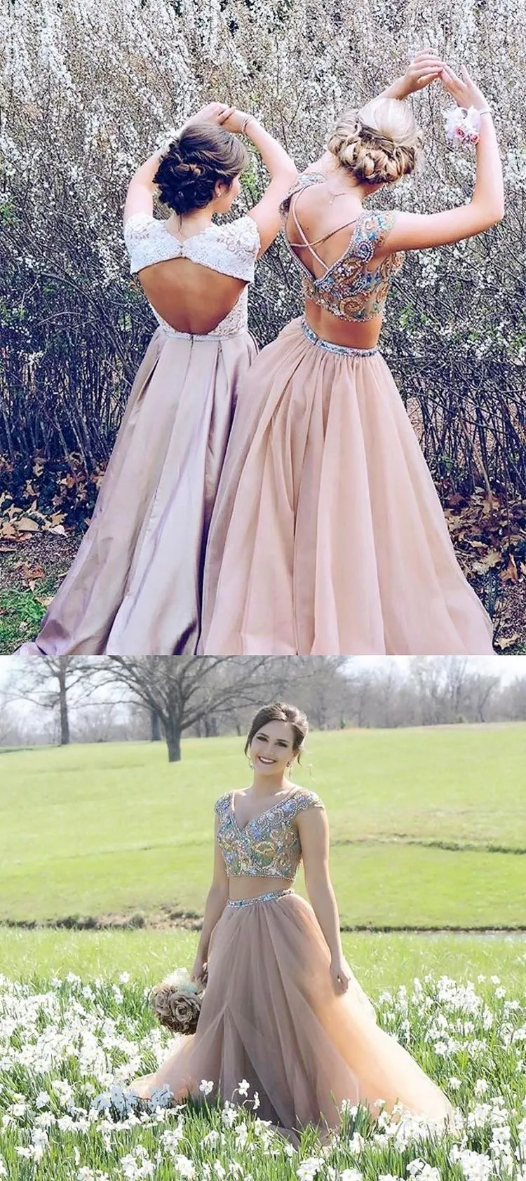 Vintage Two Piece Prom Dress V Neck Tulle Plus Size Prom Dress #ER502