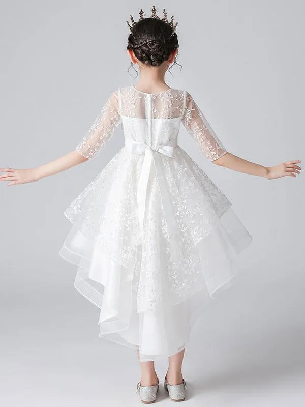 White Half Sleeves Flower Girl Dresses Jewel Neck Kids Social Party Dresses