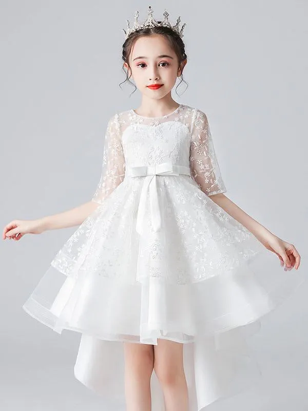 White Half Sleeves Flower Girl Dresses Jewel Neck Kids Social Party Dresses