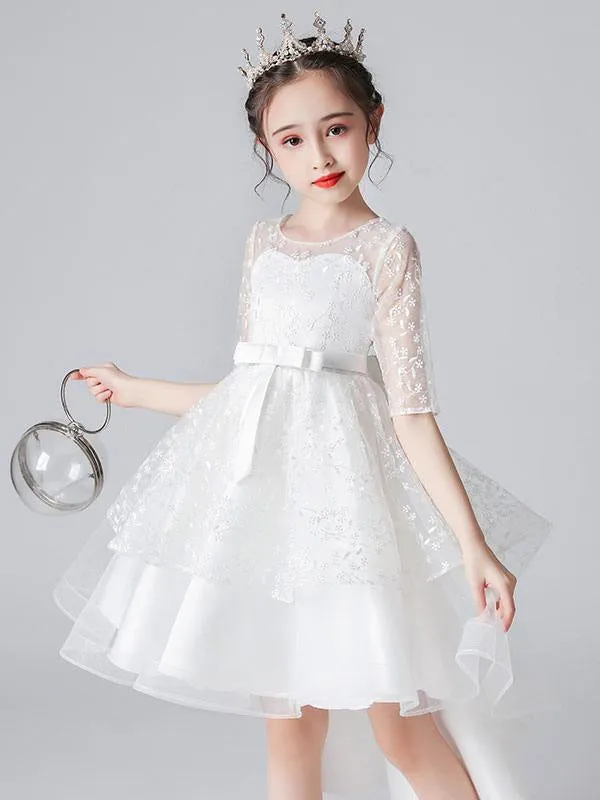 White Half Sleeves Flower Girl Dresses Jewel Neck Kids Social Party Dresses