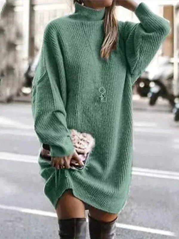 Women's Cowl Neck Sweater Dress with Pocket & 3/4 Sleeves