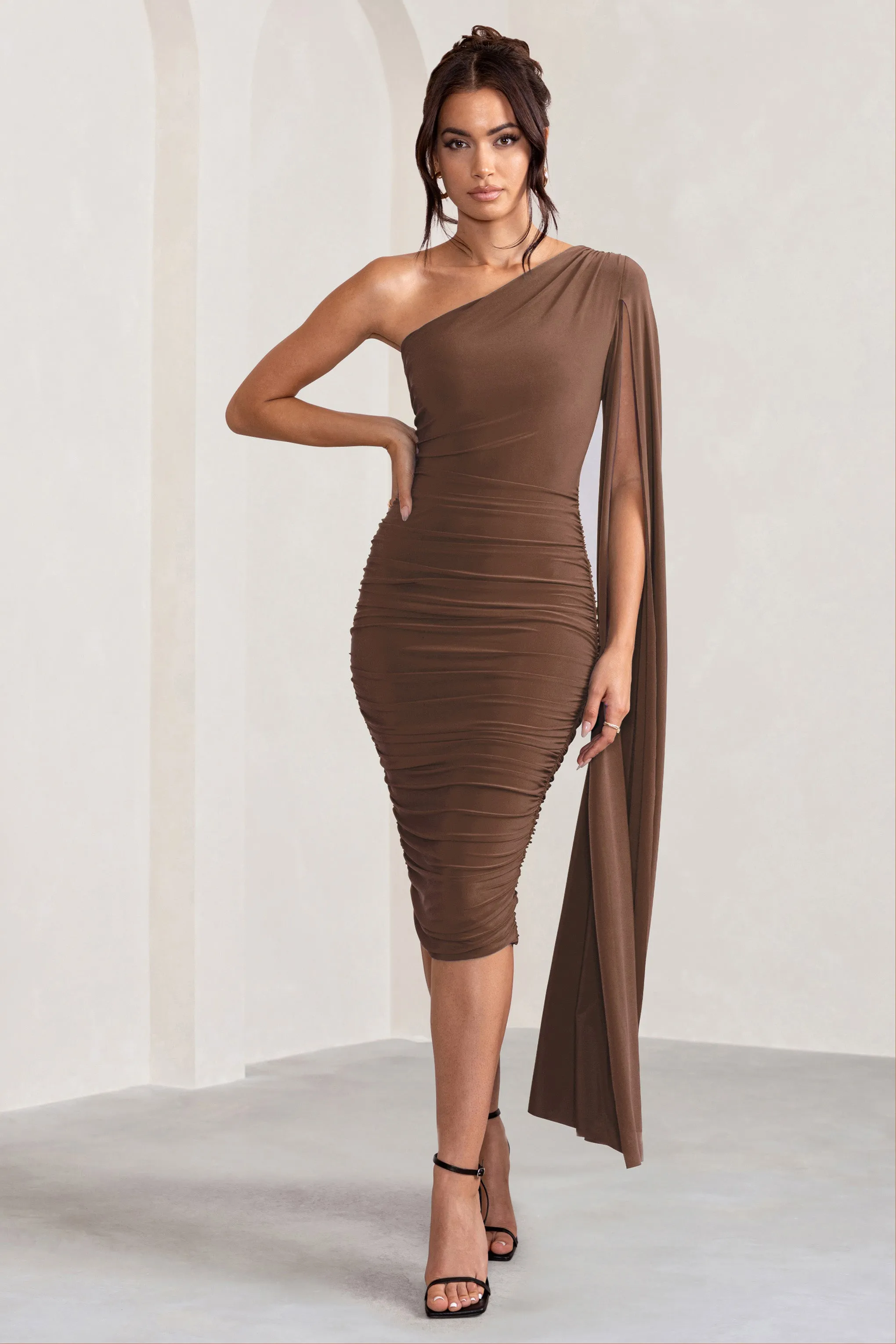 Yara | Chocolate Brown One Shoulder Cape Ruched Midi Dress